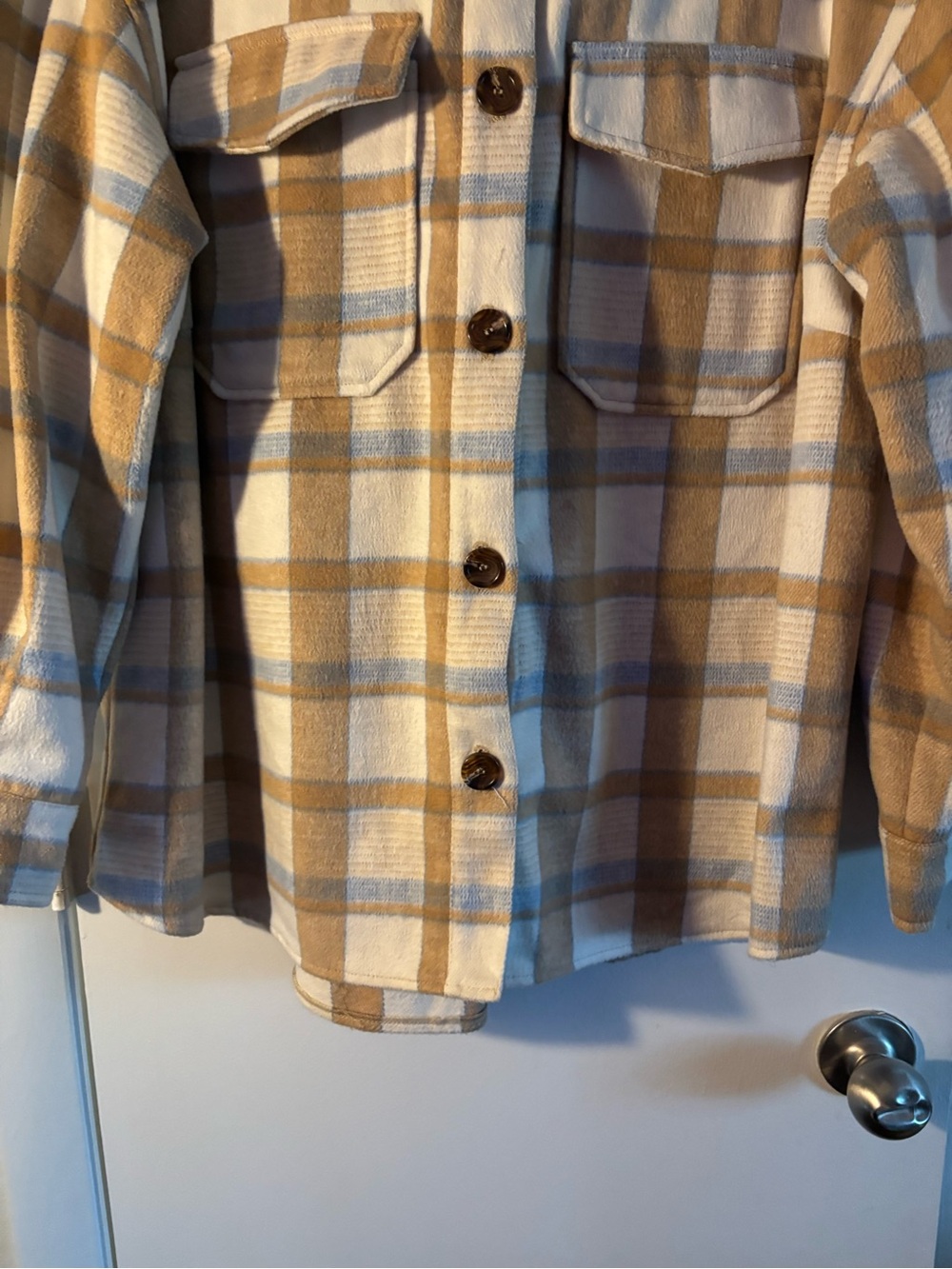Avec Les Filles Plaid Shacket in Cream, Tan & Light Blue